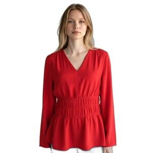 Dolan Red Smocked Waist V-Neck Peplum Blouse Long Sleeve Top Sz M NWT